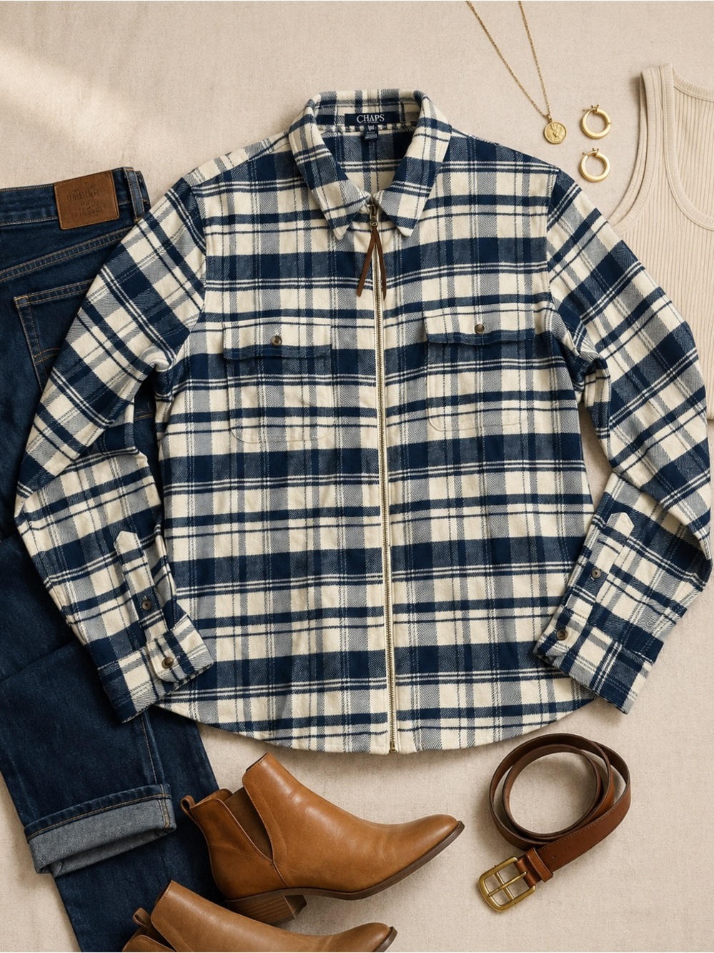 Chaps Plaid Zip Jacket Petite L Equestrian Americana Cotton Shacket